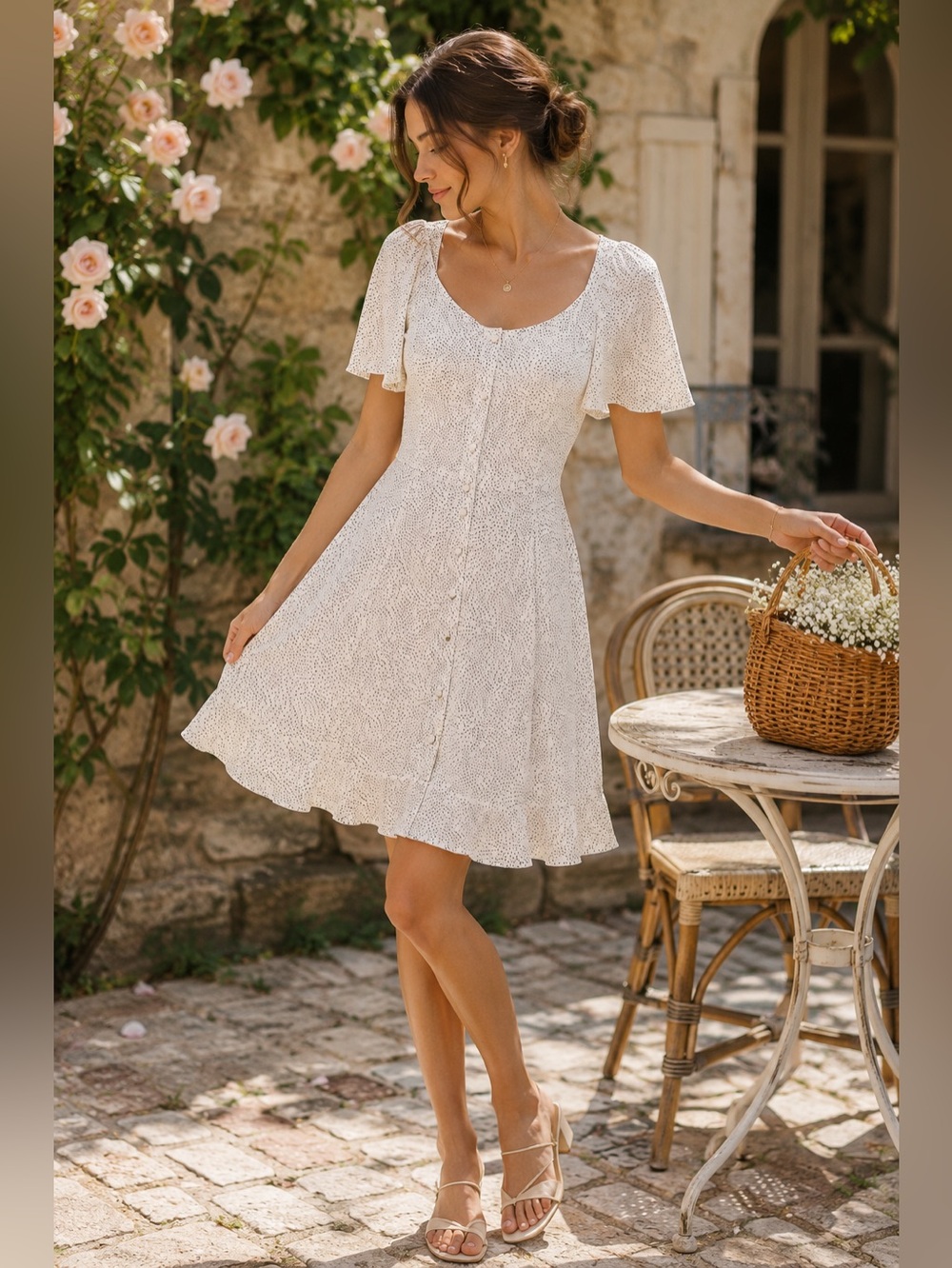 Women's Dress Size M Mini White Black Dot Print Romantic Cottagecore Cute